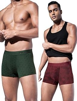 DAMENSCH Modal Regular Fit Printed Trunk Underwear Anti-Bacterial Moisture Wicking Breathable Microfibre Waistband Comfortable Deo-Soft Trunks for Men-Qube Maroon, Darted Green-XL