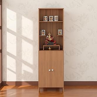 FURNEASER Anvika Engineered Wood Pooja Mandir for Home | Modern Design Temple for Home & Office | Puja Stand Shelf | Prayer Cabinet Shelf (Exotic Teak)
