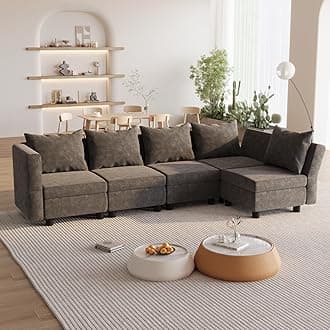 Flamaker Sofa with Storage, Corner Sofa with Upholstered Furniture, Modular Sofa with Angle-Adjustable Armrests and Backrests (5 Seats, Light Grey)