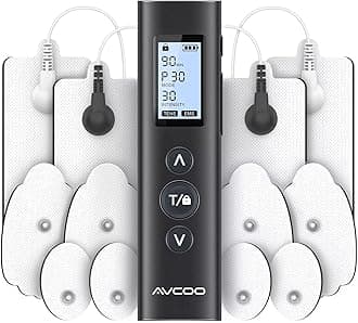 AVCOO 30 Modes Dual Channel TENS EMS Unit Compact Muscle Stimulator for Pain Relief Therapy, Ultra Portable Electronic Pulse Massager with 12 Pads, Dust-Proof Storage Bag, Fastening Cable Ties