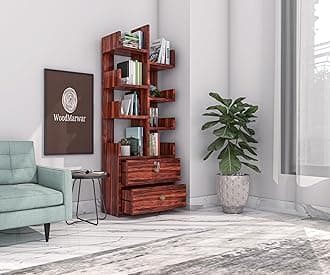 Sheesham Wood Free Standing Book Shelf | Multipurpose Bookshelf Storage Display Rack with 8 Shelf & 2 Drawer with Lock for Ofice | Decorative Corner Shelf Bookcase for Home Decor | Honey