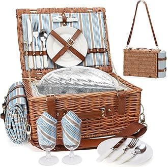 Picnic Cooler Basket Set for 2 Persons with Large Waterproof Picnic Blanket, Cutlery Service Kit and Adjustable Strap