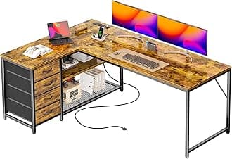 PRAISUN 61" L Shaped Desk with Power Outlets and USB-C Port, Reversible Computer Corner Office Desk with 4 Fabric Drawers and 2 Height-Adjustable Shelves, Large for Gaming Writing Study, Retro Brown