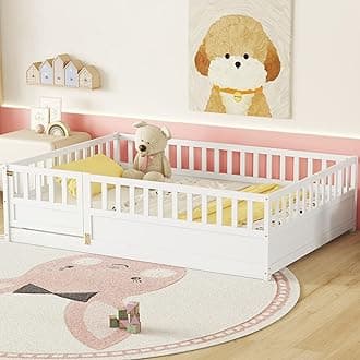 Bellemave Full Floor Bed with Slats and High Fence, Full Size Montessori Floor Beds with Door, No Box Spring Needed, Easy Assemble Montessori Bed Frame(White Full)