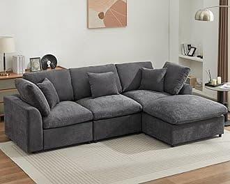 Modular Sectional Sofa Modern Oversized Chenille Cloud Couch with Movable Ottoman 4 Seater L-Shaped Sofas Comfy Couches for Living Room Spacious Space Office Lounge, Dark Grey
