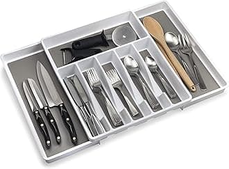 ELTOW Large Expandable Silverware Drawer Organizer, 8 Compartment Non-Slip & Adjustable Silverware Organizer for Drawer, Kitchen Organization for Utensils, Cutlery, Silverware Tray (White)