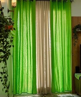 - RANGBHAR Handloom Cotton Curtains For Door, 7 Feet Long Set Of 2 With Eyelets, (Solid Green, Door-7 X 4 Feetsemi Sheer)