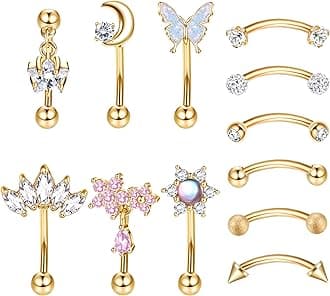 Drperfect 12 PCS Rook Piercing Jewelry Rook Earrings for Women Men Eyebrow Rings 16G Stainless Steel Curved Barbell Dangle CZ Belly Lip Ring Cartilage Daith Surface Tragus Piercing Jewelry