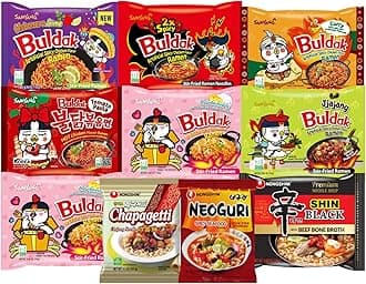 Samyang Buldak Hot Spicy Chicken Ramen Noodle Korean Stir-Fried Ramen, Carbonara x2, 2X Spicy, Habanero Lime, Curry, Jjajang, Tomato Pasta, Shin Black, Jjapagetti, Neoguri (10, Carbonara, 2X Spicy, Habanero Lime, Curry, Jjajang, Tomato Pasta, Shin Black, Jjapagetti)