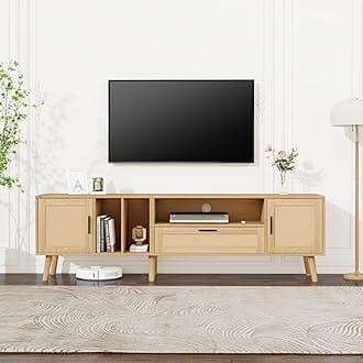 BTM 180cm TV Stand, TV Stand Cabinet with Rattan Decoration, TV Cabinet with Drawer, 2 Doors & Solid Wood Legs, TV Table for 80 inch TV, 180x40x54cm