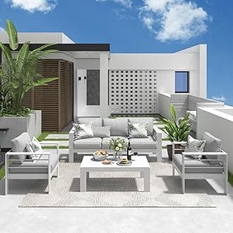 Solaste Aluminum Patio Furniture Set, 5 Seats Modern Outdoor Conversation Set Couch Sofa with Upgrade Cushion and Coffee Table, White