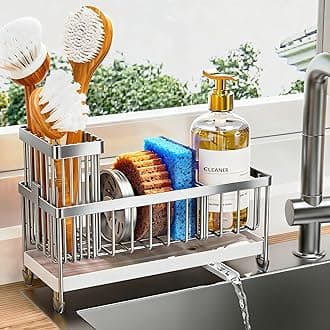 Cisily Sponge Holder for Kitchen Sink, Stainless Steel Silver Sink Caddy with High Brush Holder, Organzier Rustproof Dish Organizer, Soap Dispenser Storage, Kitchen Accessories for Organization