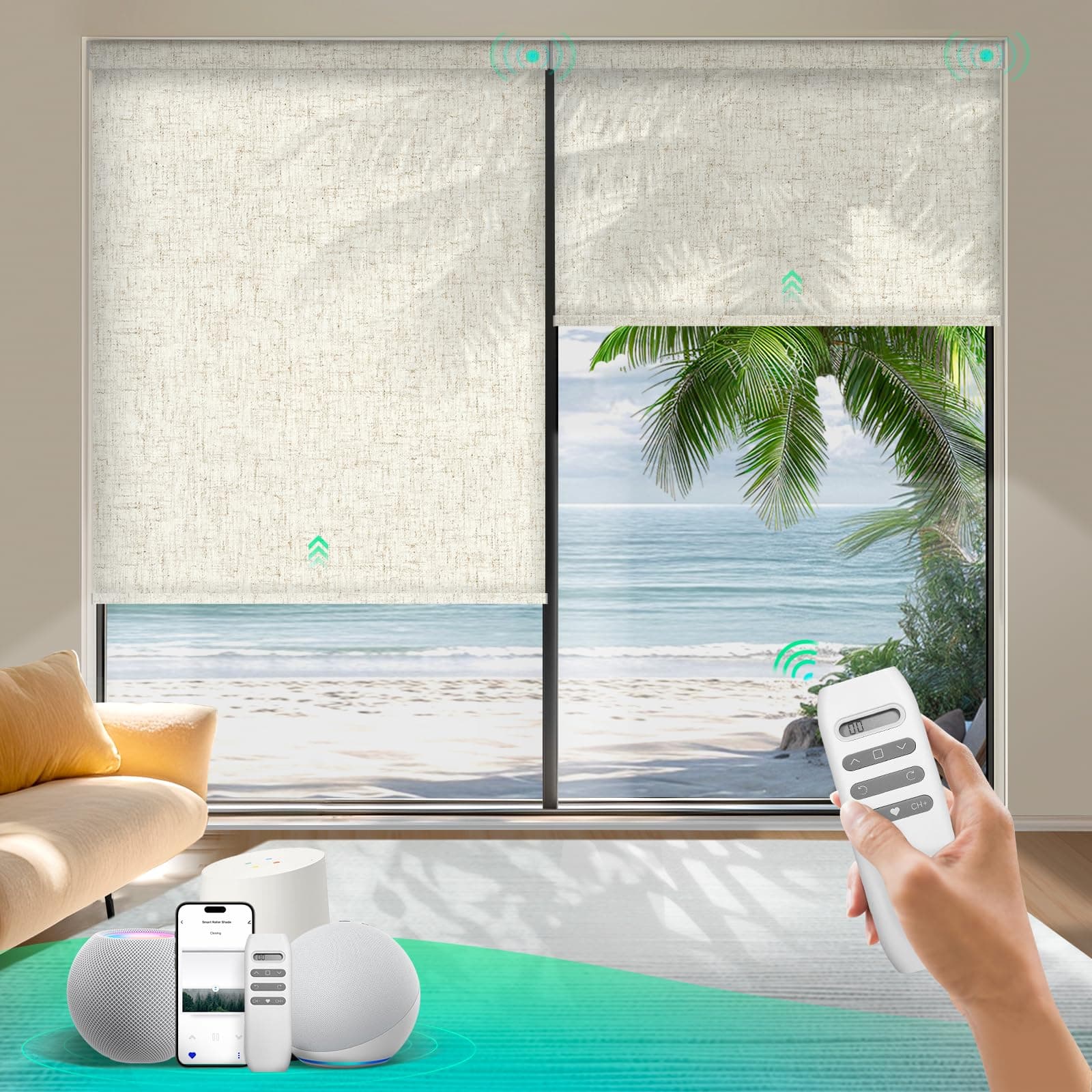 HeyBlinds Motorized Roller Shades, Smart Blinds for Windows, Remote Automatic Window Shades, Electric Shades, Light Filtering, Compatible with Alexa Google Apple Home (Nature-Oatmeal LF)