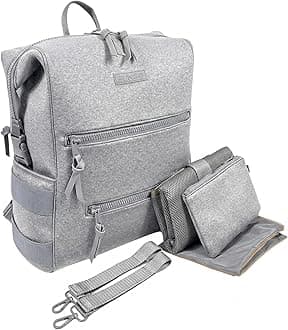 BUNSO Neoprene Diaper Bag Backpack, Water-resistant, Travel Baby Bag With Changing Pad, Stroller Straps, Wet Bag and Pouch (Gray)