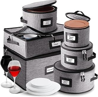 Fine China Storage Containers Hard Shell, 6 Piece Dish Storage Containers, Stackable Plate Storage Containers, Coffee Mug Storage and Wine Glass Storage Box with Dividers, Quilted Dish Organizers