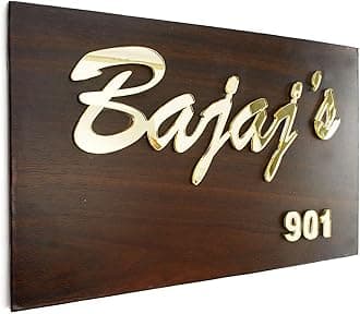 Personalised Home Door Name Plate with Golden Acrylic Embossed Letters with mirror shine (Size 8 x 12, Color Brown), Laser cut, By Aarushi Creations (12 x 8 Inch)