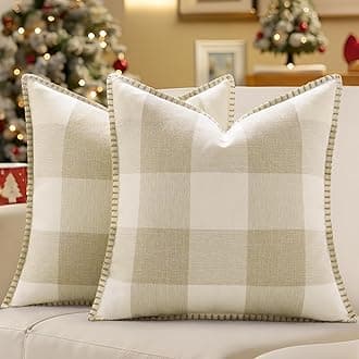decorUhome Buffalo Check Plaid Cushion Covers Linen Farmhouse Trimmed Edge Decorative Cushion Covers for Sofa 55x55cm, Cream White and Beige, Set of 2