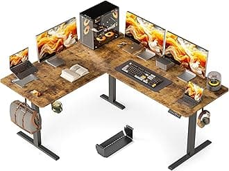 63X55 Inches Reversible L Shaped Standing Desk Height Adjustable with Cup Holder, Electric Corner Computer Desk, Sit Stand up Home Office Desk, Ergonomic Gaming Desk, Rustic Brown