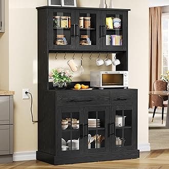 YITAHOME 71'' Kitchen Pantry Storage Cabinet with Microwave Stand, Tall Freestanding Hutch Cabinet with Power Outlet, Pantry Cabinets with Buffet Cupboard, Drawers and Acrylic Doors for Home, Black