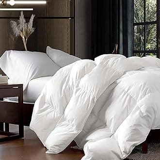 Luxurious Oversized King Size 108 x 98 inches Goose Down Fiber Waterfowl Feather Fiber Comforter Duvet, 100% Egyptian Cotton Cover, 65 oz. Fill Weight, Baffle Box Design, White Solid