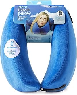 TRAVELREST Nest Neck Support Pillow - Travel Essentials, Memory Foam, Compact Travel Pillow for Long Flights, Plane Sleeping Accessories, Comfortable, Compact, Washable, Attaches to Luggage - Blue