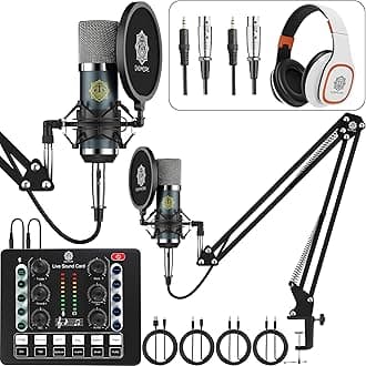- DIGIMORE Dual Condenser Microphone Kit for Singing with D-220 Sound Card | Studio Recording Equipments Full Set, Voice Recorder Mic, Karaoke, Gaming, Podcast & Lecture (D-442)