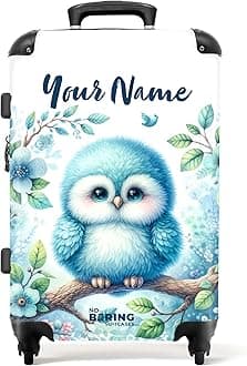 Children's Luggage Kids Suitcase for Boys - Personalised Large Hard Shell Luggage on Wheels - Blue Owl Chick on Branch - 26-28 inch - 23kg