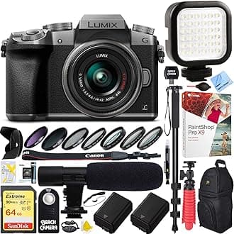 PanasonicLUMIX G7 Interchangeable Lens 4K Ultra HD Silver DSLM Camera with 14-42mm Lens Bundle with 64GB Memory Card, Microphone, LED Light and Accessories (17 Items)