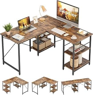 Bestier L Shaped Desk with Shelves 86.6 Inch Reversible Corner Computer Desk or 2 Person Long Table for Home Office Large Gaming Writing Storage Workstation P2 Board with 3 Cable Holes, Rustic Brown