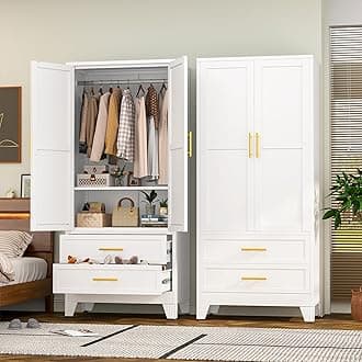 RIETERN Metal Armoire Wardrobe Closet, 71" Tall Bedroom Closet with 2 Drawers, Adjustable Shelves, and Hanging Rod, Steel Clothes Closets and Storage, for Bedroom White