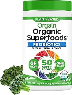 Orgain Organic Greens Powder + 50 Superfoods, Original - 1 Billion Probiotics for Digestive Health, Antioxidants, Vegan, Plant-Based, Gluten-Free, Non-GMO, Green Juice & Smoothie Drink Mix - 0.62lb