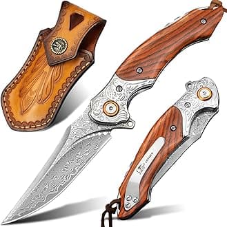 LOTHAR Damascus Pocket Knife for Men, 7.78" VG10 Folding Knife with Retro Leather Sheath and Classical Bolster, EDC Knife Anniversaries, Christmas, Stocking Stuffers for Dad, Elegant Gifts for Men (Red)