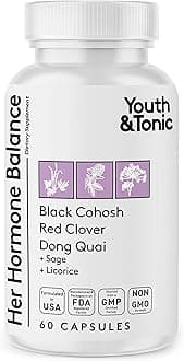 Youth & Tonic Her Hormone Balance – Menopause Supplement for Women, Perimenopause Support, Non-Hormonal Herbal Formula with Black Cohosh for Hot Flashes & Night Sweats, 60 Capsules