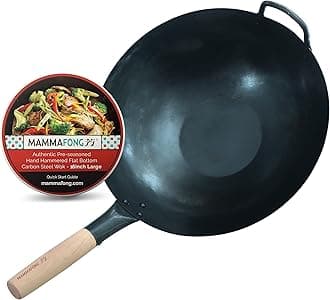 Mammafong Large Flat Bottom 16-inch Traditional Carbon Steel Wok Pan - Authentic Hand Hammered Woks and Stir Fry Pans - Pow Wok with no chemical coating