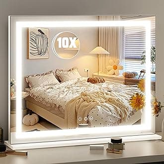 HNV 22.8"x18" Lighted Makeup Mirror with 10X Magnification, LED Vanity Mirror with 3-Color Dimmable Touch Control, Tabletop or Wall-Mounted Makeup Mirror, White