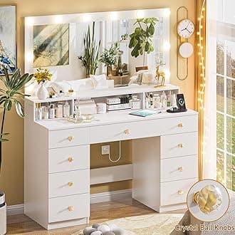 Vanity Desk with Lighted Mirror, Makeup Vanity Table with Power Outlet, 9 Drawers & Crystal Handles, 43.3” Large Vanity Desk Dressing Table for Women, Girls, Bedroom, White