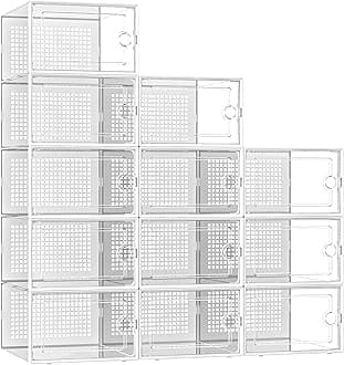 Kuject X-Large Shoe Storage Boxes Organizers for Closet 12 Pack, Fit Size 11,Clear Plastic Stackable Sneaker Containers for Entryway, Space Saving Shoe Rack,Substitute Drawer Organize Unit, White