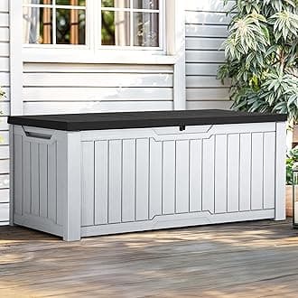 YITAHOMEOutdoor Storage Box, 120 Gallon Waterproof Deck Box for Garden Tools, Patio Cushions, and Pool Accessories, Lockable, Easy Assembly, Versatile Bench or Table (Black + White)Global Recycled StandardGlobal Recycled StandardGlobal Recycled Standard