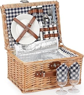 ZORMY Wicker Picnic Basket for 2 Person, Willow Hamper Basket Sets with Insulated Compartment, Handmade 2 Person Picnic Basket for Camping - BlueCheck