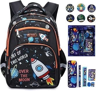 Kids Backpack for Boys, Clear Pocket with Badge-Decorated Stationery Collection Elementary Kindergarten School Black Space Bookbag 15.5 in Multifunctional Cute Large Capacity