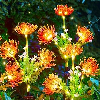 BrightownOutdoor Solar Garden Lights - 4 Pack LED Solar Flower Lights with Glowing Flowers & Stems, More Realistic, Bigger Solar Panel, Waterproof Solar Lights for Outside Yard Patio Home, Red