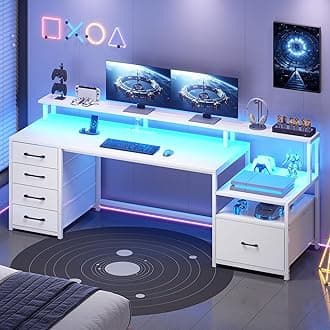 White Computer Desk with 5 Drawer & Power Outlet, 66'' Home Office Desk with File Drawer, Storage Shelves, Printer Cabinet and Monitor Shelf, Gaming Desk with Led Lights
