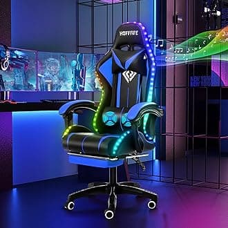 RGB Gaming Chair with Speakers Massage Computer Gaming Chair with LED Lights and Footrest High Back Video Game Chair for Adults Blue and Black