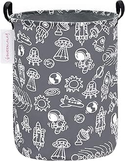 QUEENLALA Large Storage Basket,Laundry Hamper/Bathroom/Home Decor/Collapsible Round Storage Bin,Boys and Girls Hamper/Boxes/Clothing（Round-Grey Space Exploration）