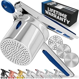 PriorityChef Large 15oz Potato Ricer With 3 Discs, Heavy Duty Stainless Steel Potato Ricer for Mashed Potatoes, Potato Masher, Press and Ricer Kitchen Tool, Blue