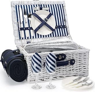 Picnic Basket Set for 2 Persons, Willow Basket with Large Insulated Cooler Compartment, Picnic Blanket and Cutlery Service Kit for Gift