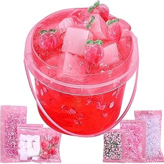 Premade Peach Pink Jelly Cube Glimmer Crunchy Crystal Slime, Includes 6 Sets of Add-ins, Sensory and Tactile Stimulation, Stress Relief, Party Favors for Girls & Boys
