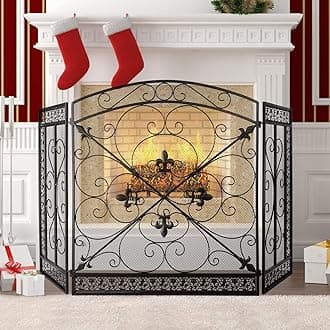 WICHEMI 3 Panel Fireplace Screen for Fireplace Cover Fireplace Screens Stand Alone 52.4 x 31inch Wrought Iron Black Metal Spark Guard Fireguards Mesh Cover Fence Fire Place Standing Gate (Style 3)