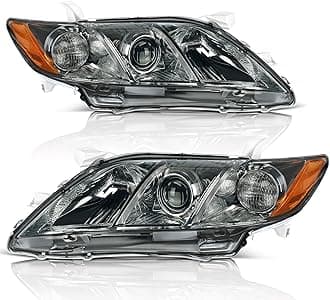 AUTOSAVER88 Projector Headlight Assembly Compatible with 2007-2009 Camry (4-Door Sedan) Exclude Hybird Chrome Housing Amber Reflector Smoke Lens Headlamps Replacement
