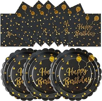 50PCS Happy Birthday Paper Plates and Napkins - 7 Inch Birthday Cake Plates Scalloped Black and Gold Dessert Plates and 6.5 Inch Napkins Disposable Tableware Set, Serves 25